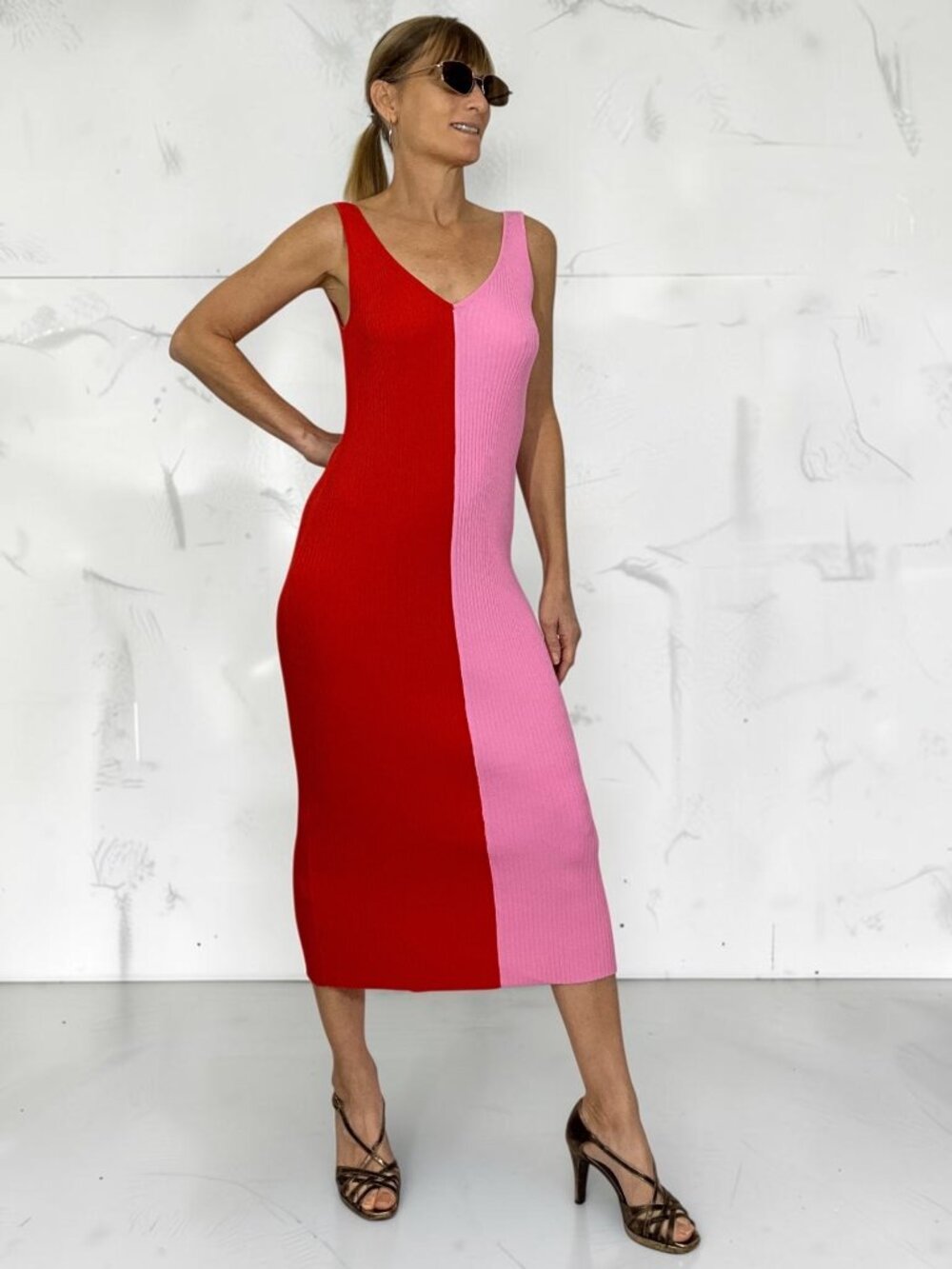 Staud Dana Two Tone Ribbed Knit Dress S Poppy Rosebud Midi Sleeveless
